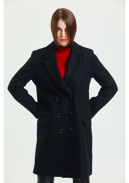 6 Düğmeli Içi Astarlı Kaşe Kaban | KBN34605 Siyah Kaşe modelleri