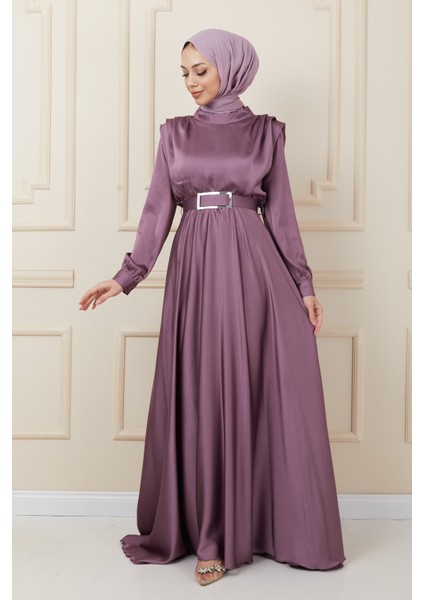 Koyu Lila Omuz Vatkalı Mevlana Saten Tesettür Abiye modelleri