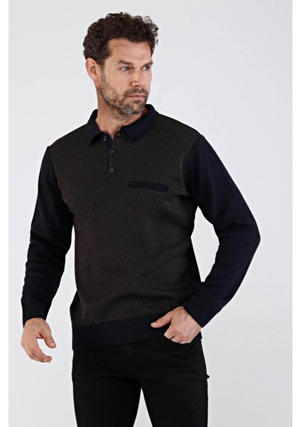 Erkek Polo Yaka Çelik Örgü Triko Kazak 4610F Lacivert