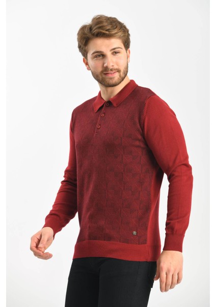 Erkek Polo Yaka Pamuklu Triko Kazak 4445F Bordo