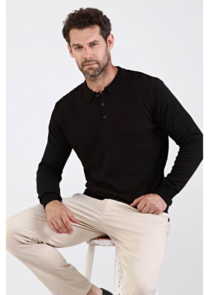 Erkek Polo Yaka Pamuklu Triko Kazak 4661F Siyah fırsatları