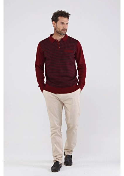 Erkek Polo Yaka Çelik Örgü Triko Kazak 4605F Bordo