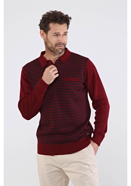 Erkek Polo Yaka Çelik Örgü Triko Kazak 4605F Bordo
