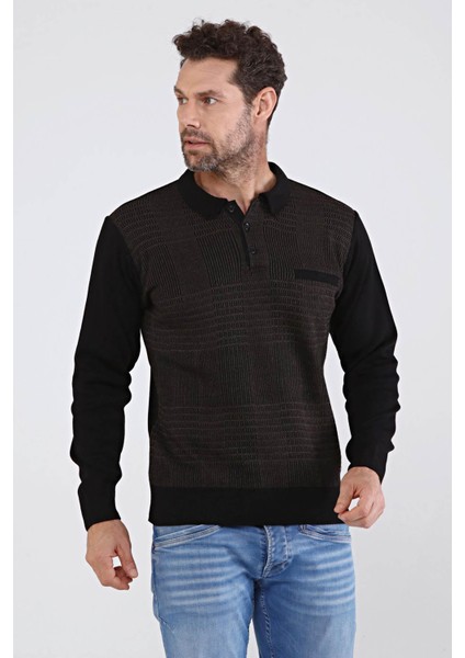 Erkek Polo Yaka Çelik Örgü Triko Kazak 4603F Siyah