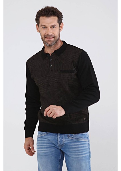 Erkek Polo Yaka Çelik Örgü Triko Kazak 4603F Siyah modelleri