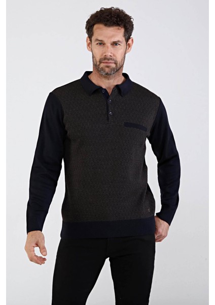Erkek Polo Yaka Çelik Örgü Triko Kazak 4610F Lacivert