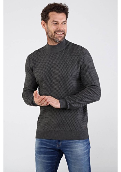 Erkek Yarım Balıkçı Yaka Pamuklu Triko Kazak 4653B Gri