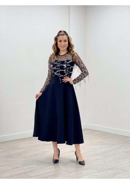 Üst Saçaklı Payet Alt Double Kumaş Midiboy Elbise - Gümüş fiyatları