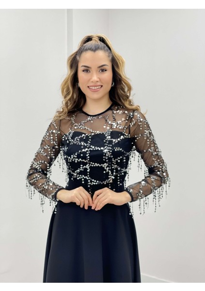 Üst Saçaklı Payet Alt Double Kumaş Midiboy Elbise - Gümüş modelleri