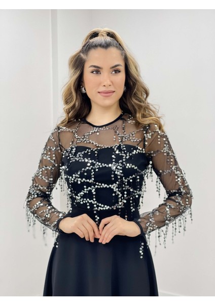 Üst Saçaklı Payet Alt Double Kumaş Midiboy Elbise - Gümüş fırsatları