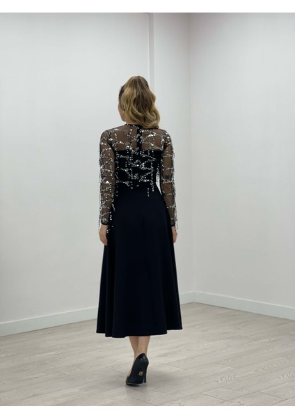 Üst Saçaklı Payet Alt Double Kumaş Midiboy Elbise - Gümüş indirimleri