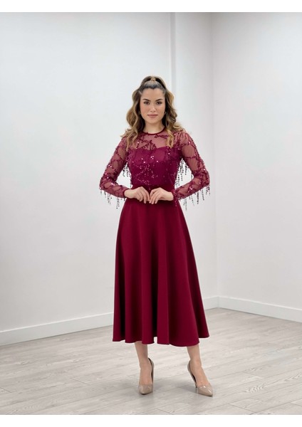 Üst Saçaklı Payet Alt Double Kumaş Midiboy Elbise - Bordo fiyatları