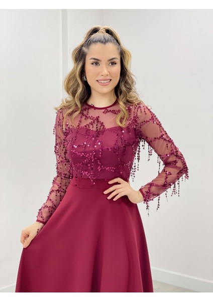Üst Saçaklı Payet Alt Double Kumaş Midiboy Elbise - Bordo modelleri