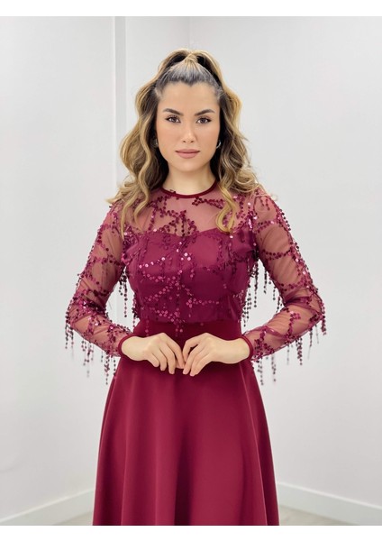 Üst Saçaklı Payet Alt Double Kumaş Midiboy Elbise - Bordo fırsatları