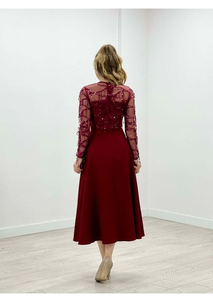 Üst Saçaklı Payet Alt Double Kumaş Midiboy Elbise - Bordo indirimleri