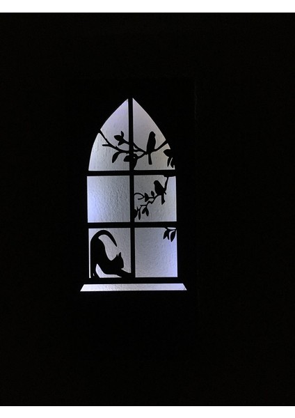 Kedi -Kuş Motifli Peri Led(Beyaz) Pilli Ceviz Mdf Ahşap Duvar Dekoru 36X18CM(PILLER Dahil)