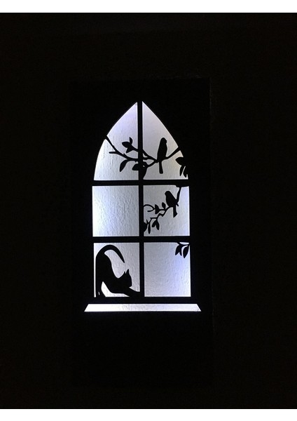 Kedi -Kuş Motifli Peri Led(Beyaz) Pilli Ceviz Mdf Ahşap Duvar Dekoru 36X18CM(PILLER Dahil) modelleri