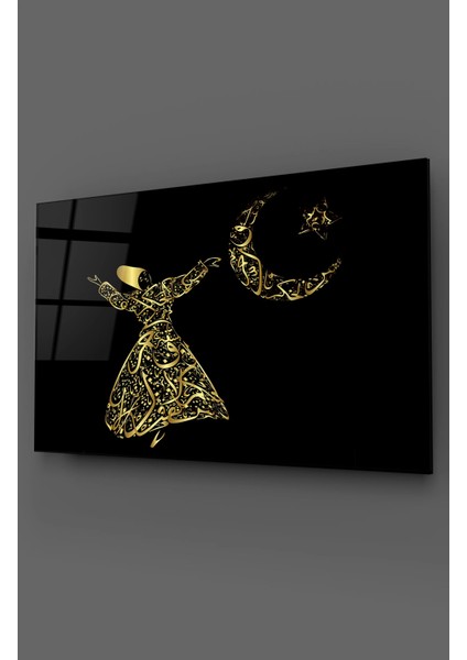 Mevlana Ayyıldız Siyah Gold Cam Tablo
