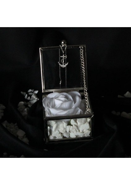 Dekoratif Kutu Kapaklı Camlı Metal Beyaz Gül Çapa Kolye Hediye
