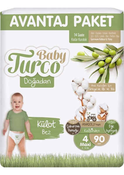 Külot Bebek Bezi Doğadan Beden:4 (8-14KG) Maxi 90 Adet Avantaj Paketi