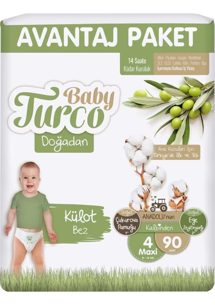 Baby Turco Külot Bebek Bezi Doğadan Beden:4 (8-14KG) Maxi 90 Adet Avantaj Paketi