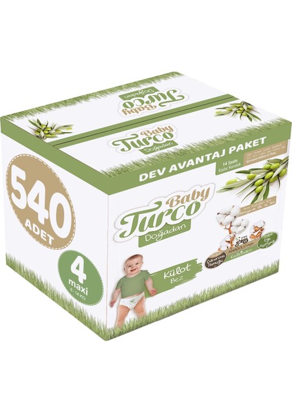 Külot Bebek Bezi Doğadan Beden:4 (8-14KG) Maxi 540 Adet Dev Avantaj Paketi