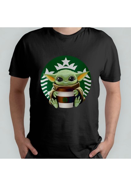 Baby Yoda Grogu Starbucks - Mandalorian %100 Pamuklu Bisiklet Yaka T-Shirt Model - 1