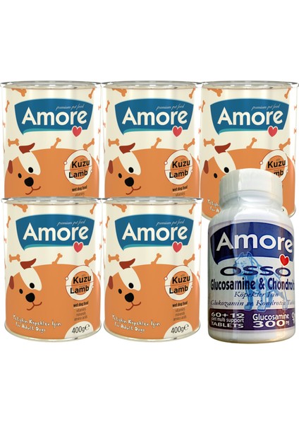 Kuzu Parça Etli Yetişkin Köpek Konserve Mama 5li ve Eklem Desteği Glukozamin Tablet 72LI