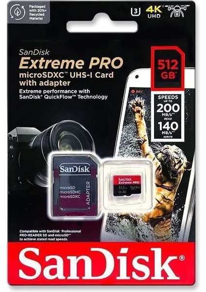 Extreme Pro 512GB 200/140MB/S Microsdxc Uhs-I A2 V30 Adaptörlü Hafıza Kartı SDSQXCD-512G-GN6MA