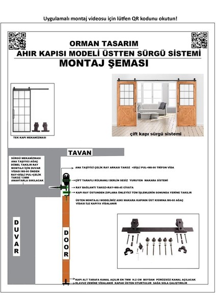 Orman Tasarım Ahır Kapısı Üstten Montajlı Baston Modeli Çift Kapı Sürgü Mekanizması