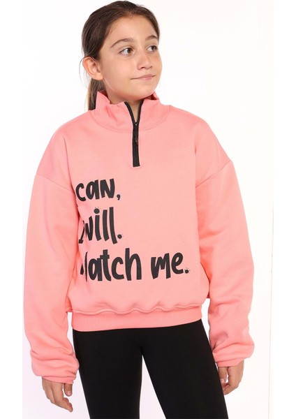 Toontoy Kız Çocuk Dik Yaka Fermuarlı Baskılı Sweatshirt