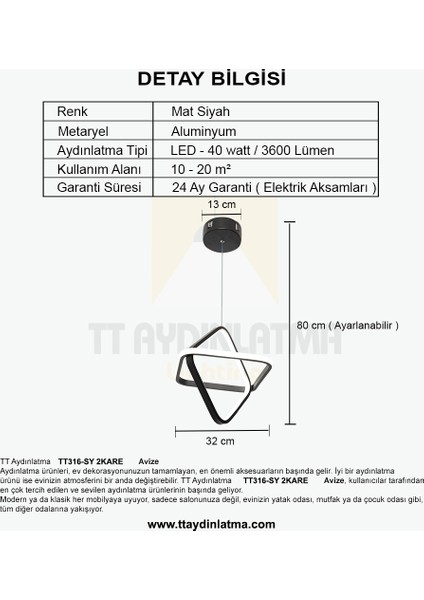 TT316-SY Tt Aydınlatma 2kare Modeli Mat Siyah LED Avize