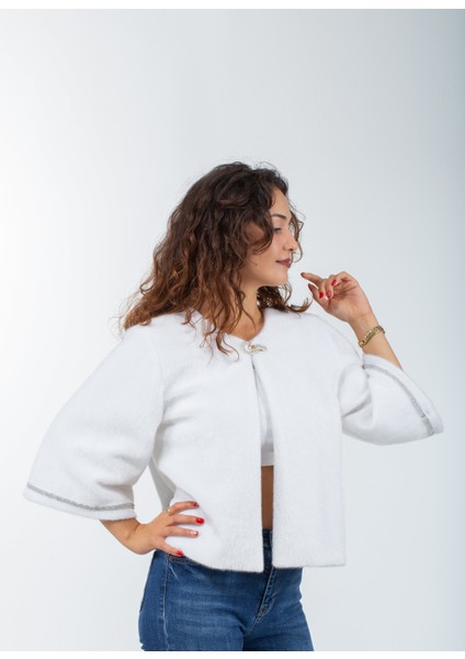 Taşlı Tay Tüyü Ithal Broşlu Gelin Abiye Kürk Bolero