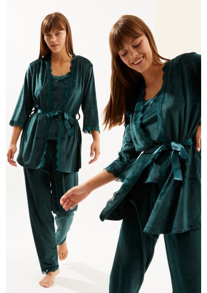 Zümrüt Soft Kadife Truvakar Kol Ip Askılı Pantolon 3lü Pijama Takım fiyatları