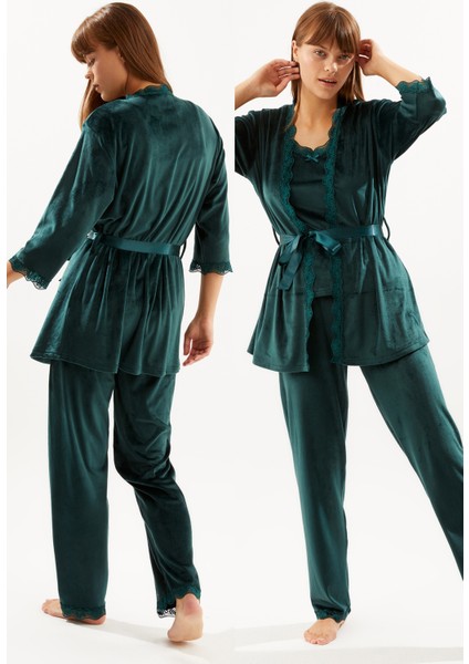 Zümrüt Soft Kadife Truvakar Kol Ip Askılı Pantolon 3lü Pijama Takım fırsatları