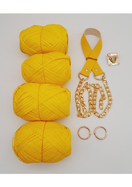 Rafya ve Sarı Renk Zincirli Sap Çanta Seti