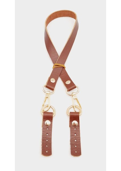 Kızıl Kahve Renk 60X1.5 cm Gerçek Deri Çanta Sapı Light Gold Metalli