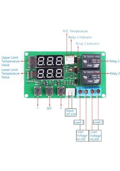 12V 2 Kanal Röle Çıkışlı Dijital Termostat - Kırmızı/yeşil