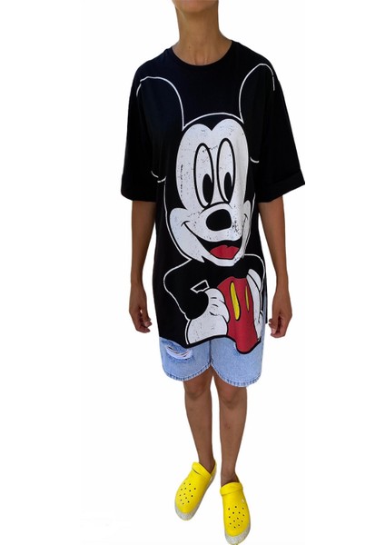 Kadın Disney Eskitme Baskılı Bisiklet Yaka Yırtmaçlı Oversize Siyah T-Shirt