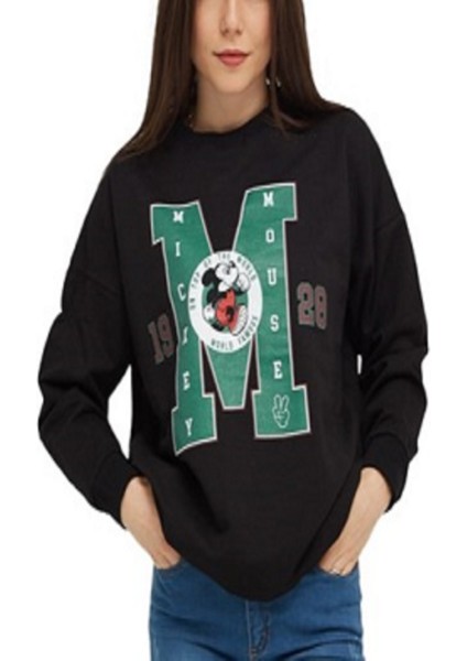 Siyah Mıckey Mouse 1928 Baskılı Cepli Bisiklet Yaka Oversize Sweatshirt