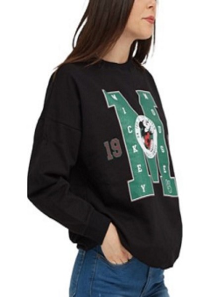 Siyah Mıckey Mouse 1928 Baskılı Cepli Bisiklet Yaka Oversize Sweatshirt