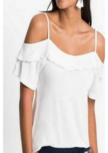 Kadın Ekru Önden Fırfır Detay Kısa Kol Viskon Penye Bluz fiyatları