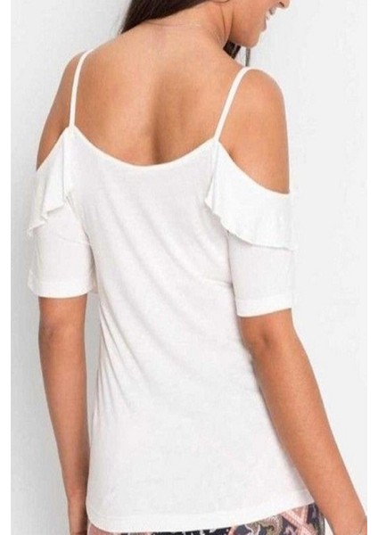 Kadın Ekru Önden Fırfır Detay Kısa Kol Viskon Penye Bluz modelleri
