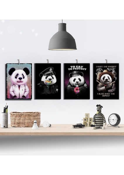 Meslek Sahibi Tatlı Pandalar 4'lü Özel Tasarım 21X30CM Hediyelik Dekoratif 8mm Ahşap Tablo Seti
