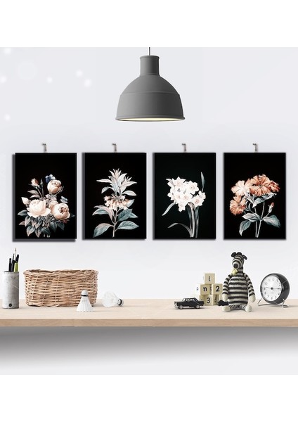 Zarif Çiçekler Temalı 4'lü Özel Tasarım 21X30CM Hediyelik Dekoratif 8mm Ahşap Tablo Seti