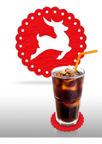 Yılbaşı Temali -1 Dantel Kenar Desenli Kırmızı Keçe Bardak Altlığı 6'lı Takım