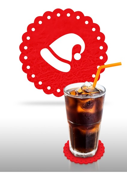 Yılbaşı Temali -4 Dantel Kenar Desenli Kırmızı Keçe Bardak Altlığı 6'lı Takım