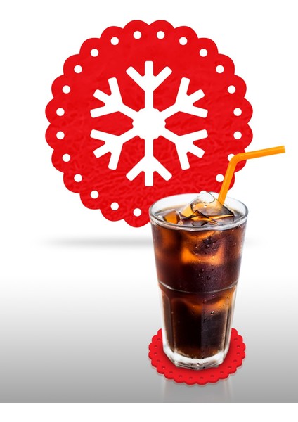 Yılbaşı Temali -5 Dantel Kenar Desenli Kırmızı Keçe Bardak Altlığı 6'lı Takım