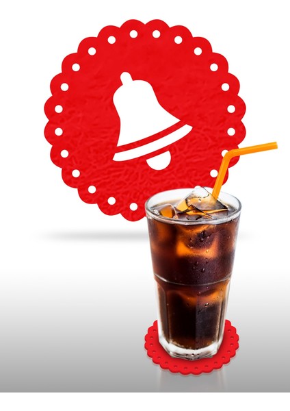 Yılbaşı Temali -6 Dantel Kenar Desenli Kırmızı Keçe Bardak Altlığı 6'lı Takım