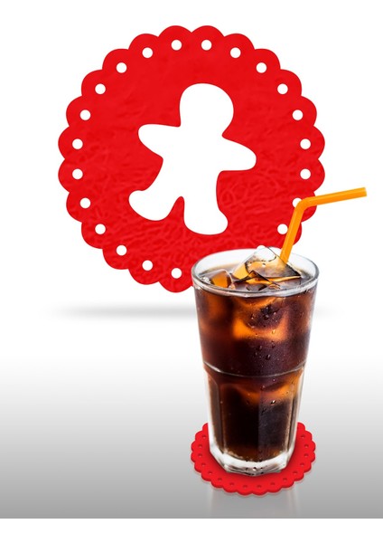 Yılbaşı Temali -7 Dantel Kenar Desenli Kırmızı Keçe Bardak Altlığı 6'lı Takım